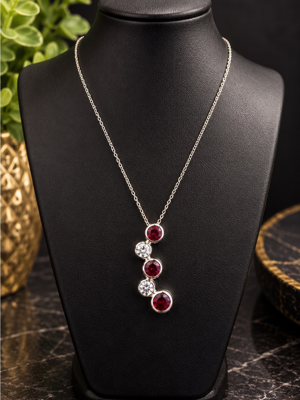 925 STERLING SILVER GARNET CUBIC ZIRCONIA DROP PENDANT NECKLACE 18”  Abstract